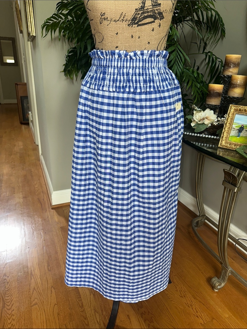 Universal Thread Blue & White Gingham Elastic-Waist Maxi Skirt NWT size L pocket